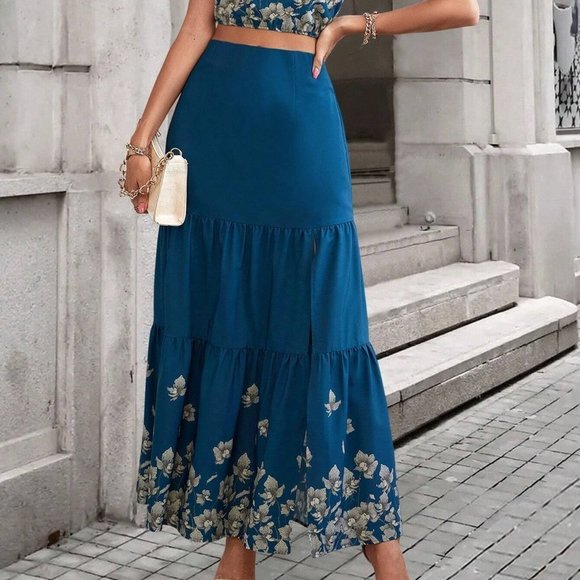 Blue Boho Womens Floral Print One Shoulder Crop Blouse & Split Thigh Skirt - Picture 4 of 5